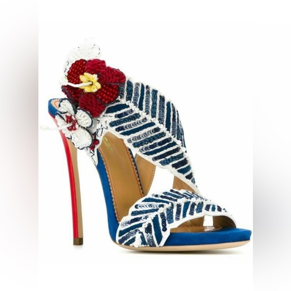 Dsquared  Aloha Napa Ricamata Blu Rosso Tacco Sandal 120mm - Picture 2 of 5